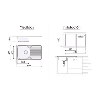 FREGADERO 1S+1E CUADRADO VIENA S/A. 800X480MM. F16742 P400 2