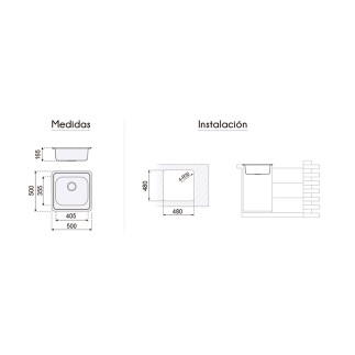 FREGADERO 1S CUADRADO TOKIO C/A. 500X500MM. F16745 P400 2