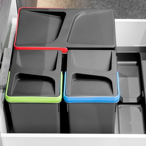 Emuca Contenedores para cajón de cocina Recycle, Altura 216, 2x12 + 2x6, Plástico gris antracita, Plástico, 1 ud.