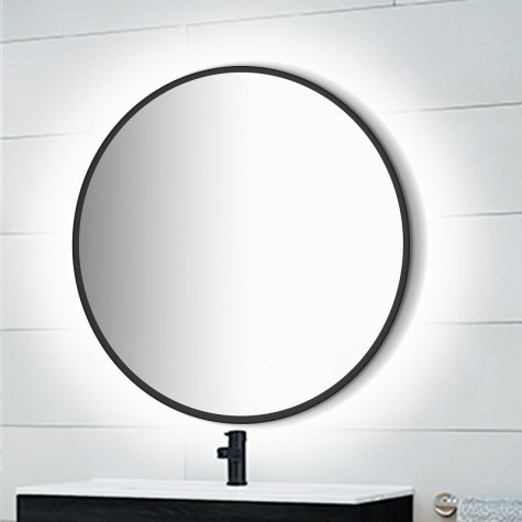 Emuca Espejo Zeus con iluminación LED decorativa y marco negro, diámetro 80 cm, AC 230V 50Hz, 12 W