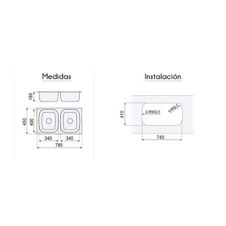 FREGADERO BAJO ENCIMERA 2 SENOS ATENAS 745X410MM. F16758... 2